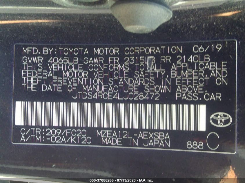 2020 TOYOTA COROLLA SE/NIGHTSHADE - JTDS4RCE4LJ028472