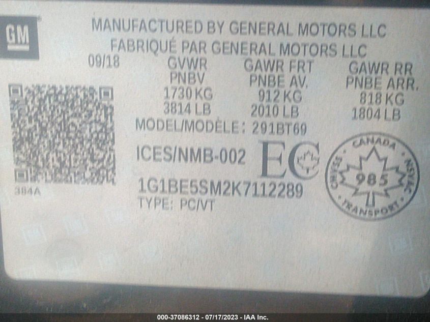 2019 CHEVROLET CRUZE LT - 1G1BE5SM2K7112289