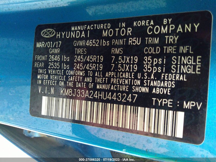 2017 HYUNDAI TUCSON NIGHT - KM8J33A24HU443247