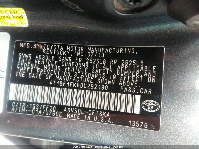 2013 TOYOTA CAMRY L/LE/SE/XLE - 4T1BF1FK8DU292190