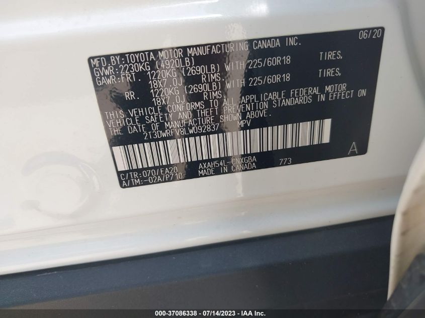 2020 TOYOTA RAV4 HYBRID LIMITED - 2T3DWRFV8LW092837