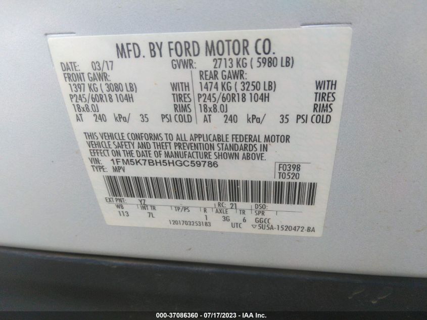 2017 FORD EXPLORER BASE - 1FM5K7BH5HGC59786