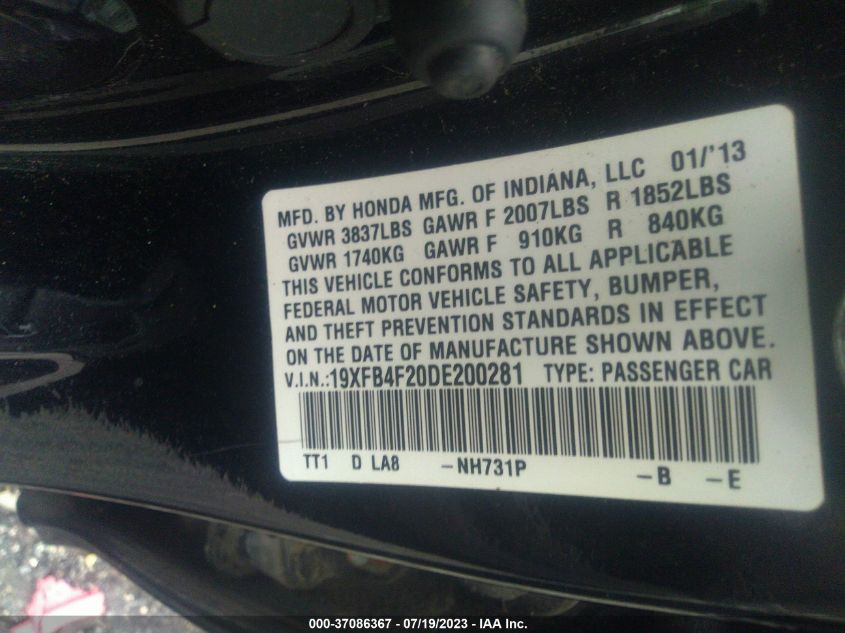 2013 HONDA CIVIC HYBRID 19XFB4F20DE200281