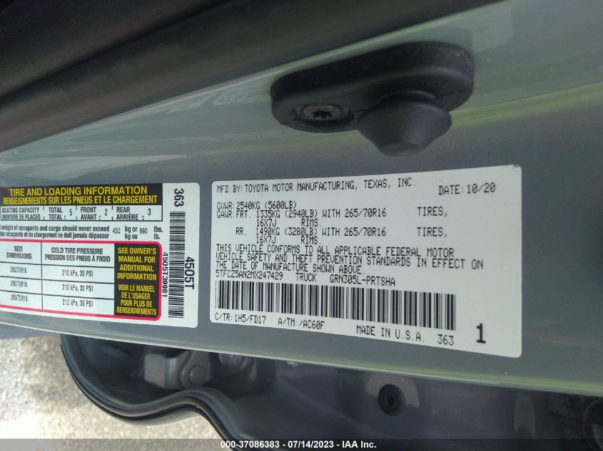 2021 TOYOTA TACOMA 4WD SR/SR5/TRD SPORT - 5TFCZ5AN2MX247429