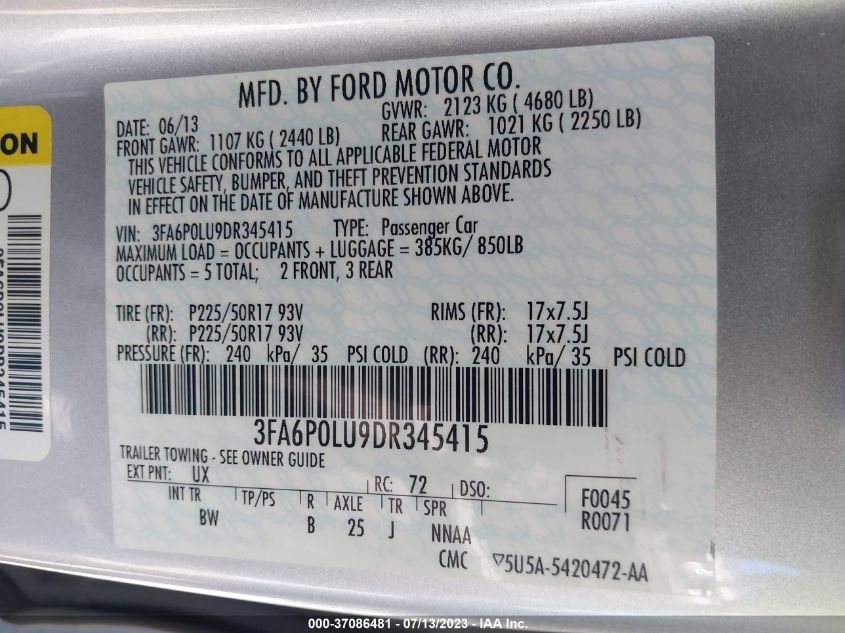 2013 FORD FUSION SE HYBRID - 3FA6P0LU9DR345415