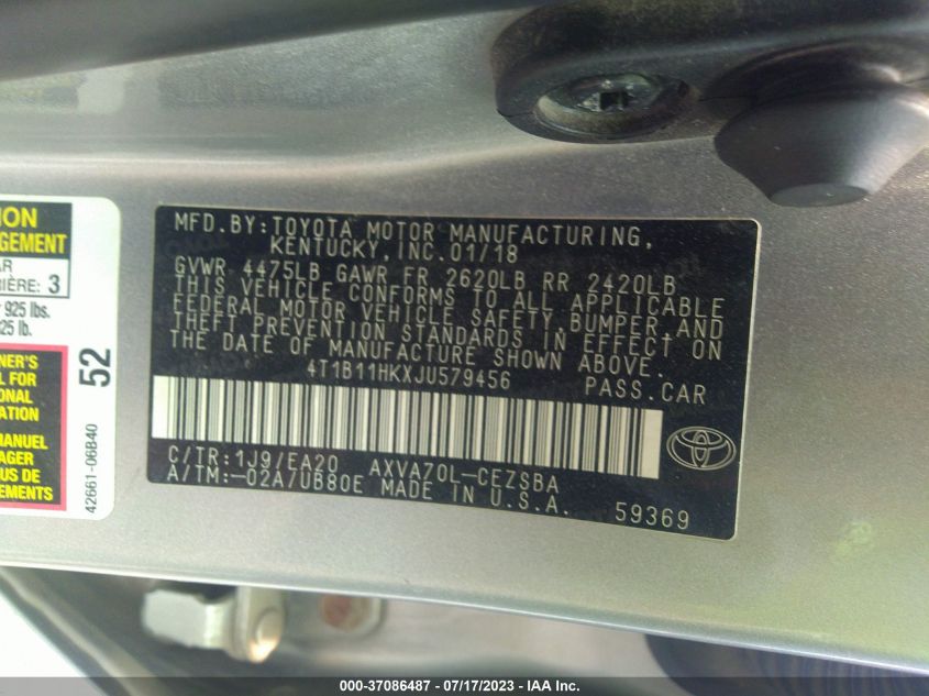 2018 TOYOTA CAMRY LE/SE/XLE/L - 4T1B11HKXJU579456