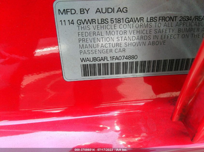 2015 AUDI S4 PREMIUM PLUS WAUBGAFL1FA074880