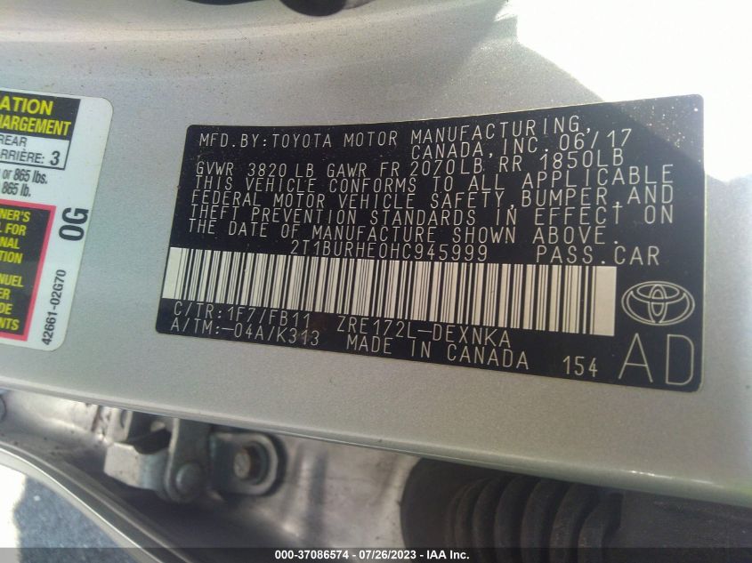 2017 TOYOTA COROLLA L/LE/XLE/SE - 2T1BURHE0HC945999