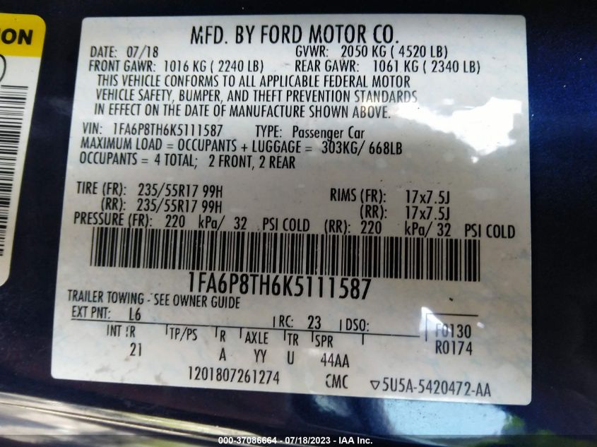 2019 FORD MUSTANG - 1FA6P8TH6K5111587