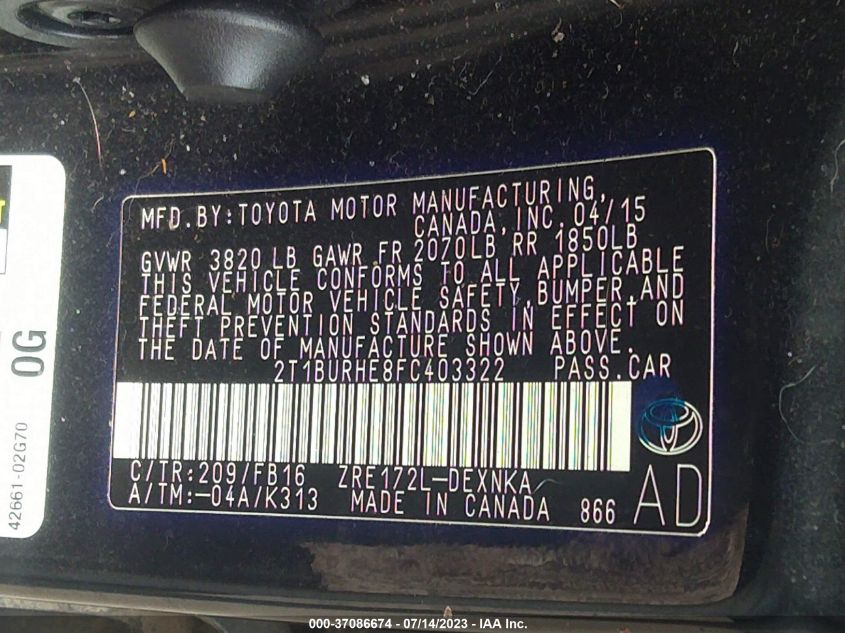 2015 TOYOTA COROLLA L/LE/LE PLS/PRM/S/S PLS - 2T1BURHE8FC403322