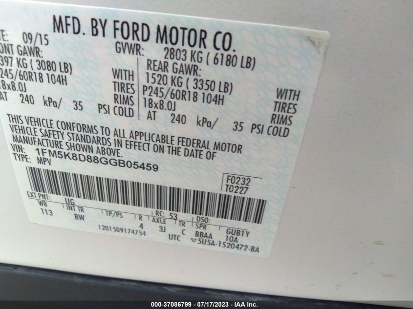 2016 FORD EXPLORER XLT - 1FM5K8D88GGB05459
