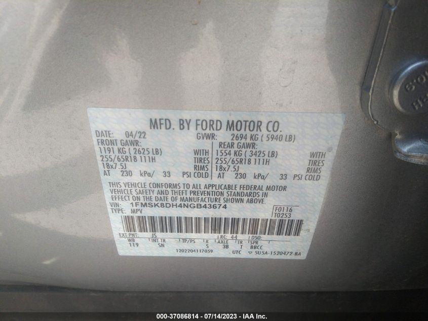 2022 FORD EXPLORER XLT - 1FMSK8DH4NGB43674