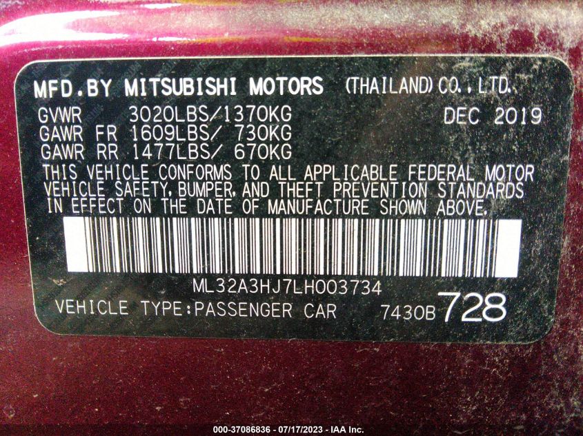 2020 MITSUBISHI MIRAGE ES/SE - ML32A3HJ7LH003734