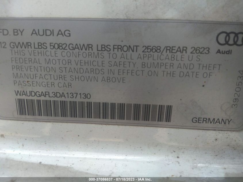 2013 AUDI S4 PREMIUM PLUS WAUDGAFL3DA137130