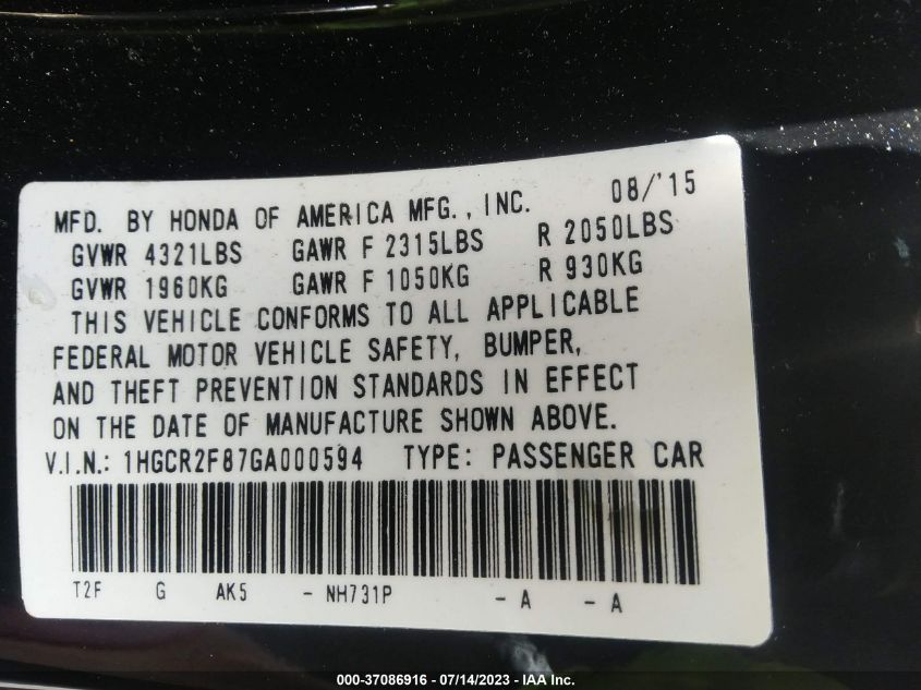 2016 HONDA ACCORD SEDAN EX-L - 1HGCR2F87GA000594