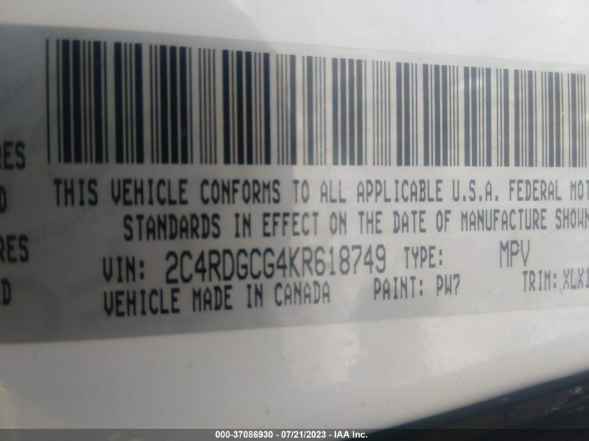 2019 DODGE GRAND CARAVAN SXT - 2C4RDGCG4KR618749
