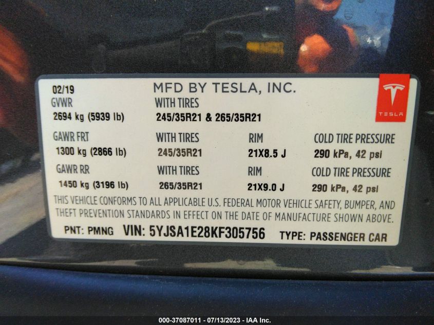 2019 TESLA MODEL S - 5YJSA1E28KF305756