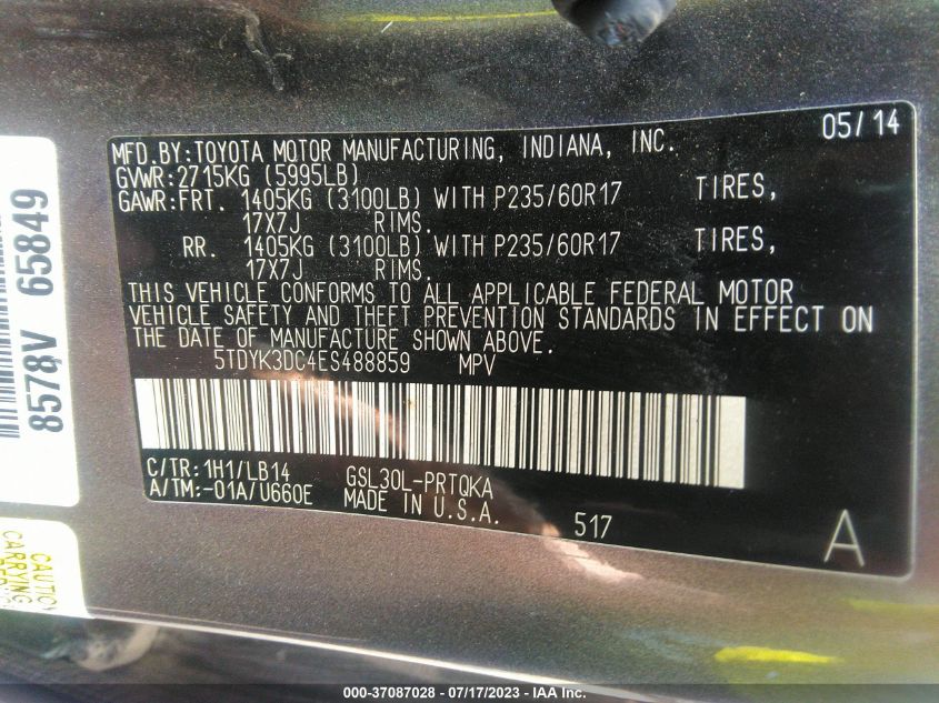2014 TOYOTA SIENNA XLE/XLE AAS/LTD - 5TDYK3DC4ES488859