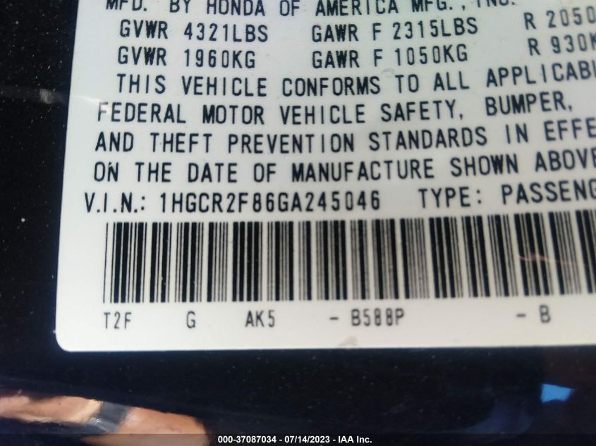 2016 HONDA ACCORD SEDAN EX-L - 1HGCR2F86GA245046