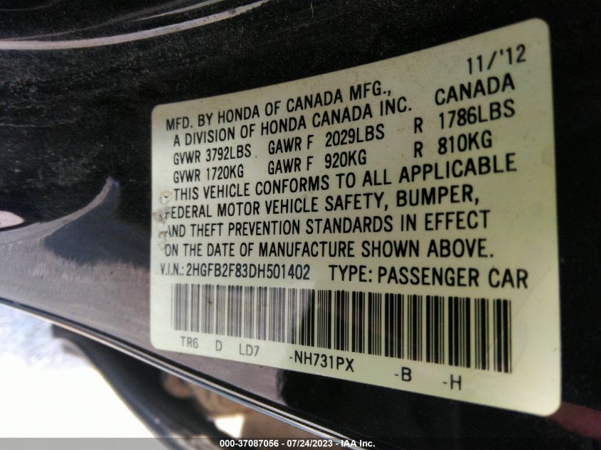 2013 HONDA CIVIC SDN EX - 2HGFB2F83DH501402