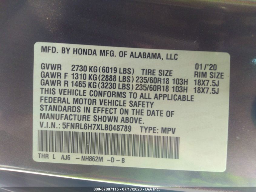 2020 HONDA ODYSSEY EX-L - 5FNRL6H7XLB048789