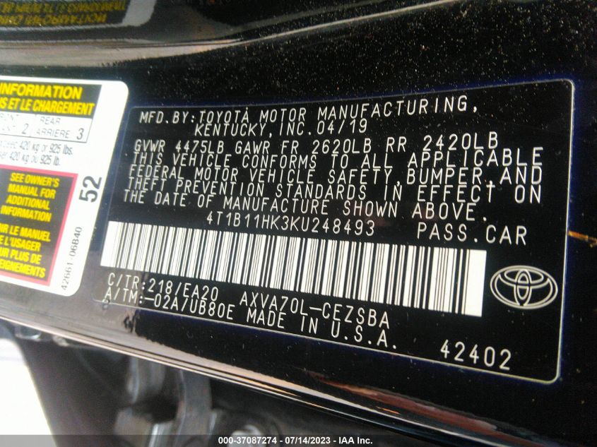 2019 TOYOTA CAMRY L/LE/XLE/SE/XSE - 4T1B11HK3KU248493