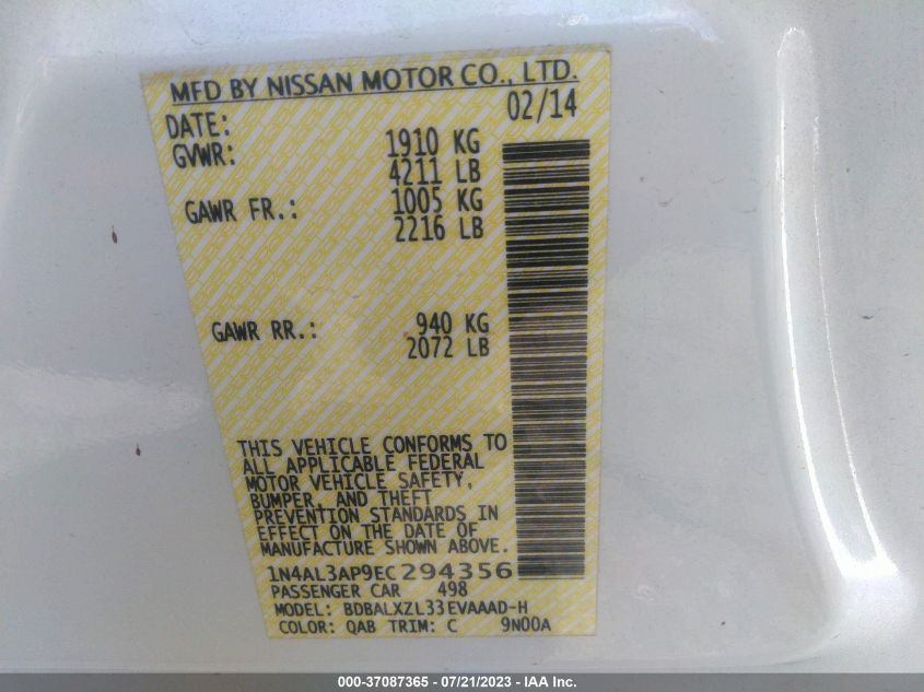 2014 NISSAN ALTIMA 2.5/S/SV/SL - 1N4AL3AP9EC294356
