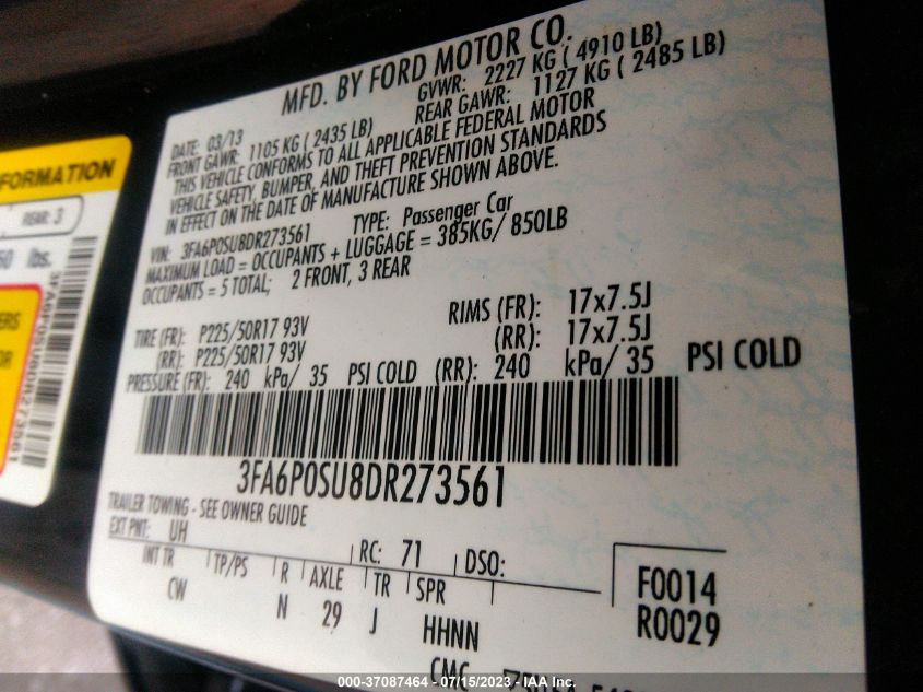 2013 FORD FUSION ENERGI TITANIUM - 3FA6P0SU8DR273561