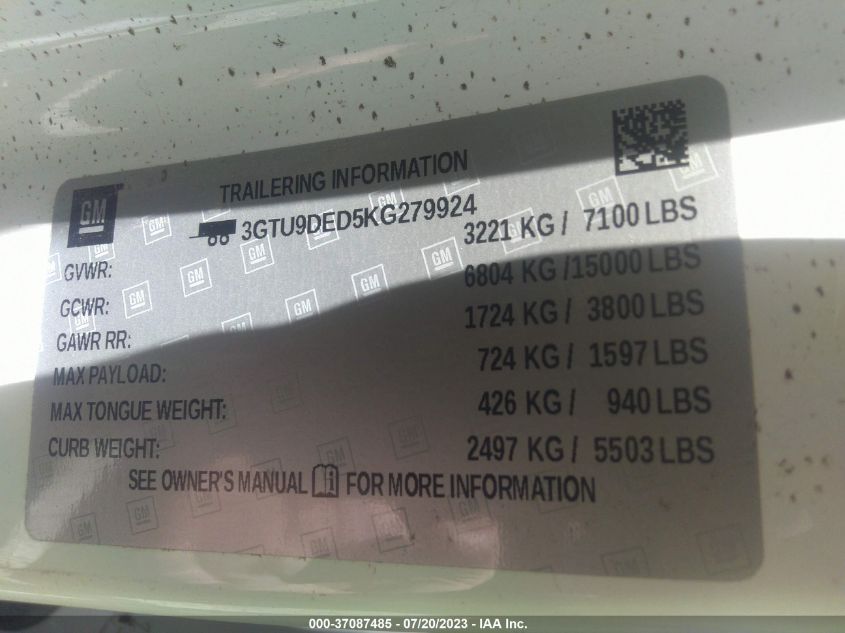 2019 GMC SIERRA 1500 SLT - 3GTU9DED5KG279924