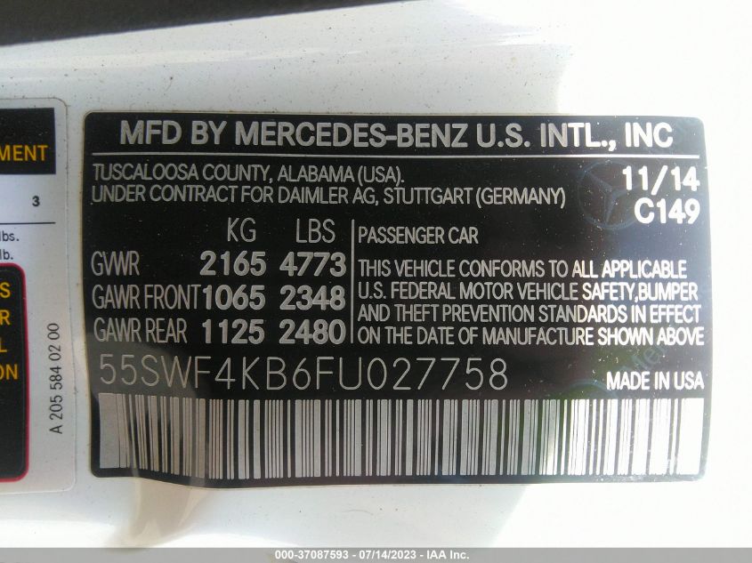 2015 MERCEDES-BENZ C 300 SPORT 4MATIC/LUXURY 4MATIC/4MATIC 55SWF4KB6FU027758