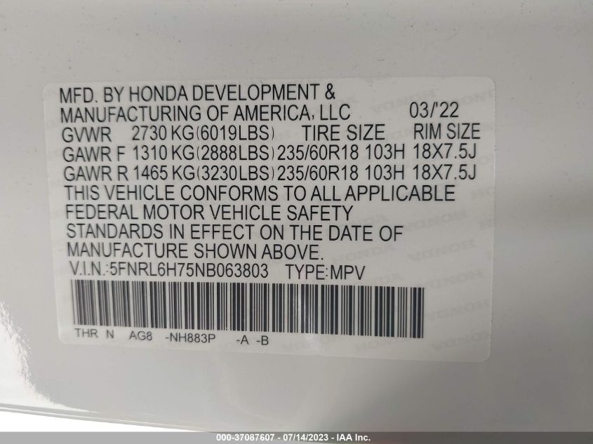 2022 HONDA ODYSSEY EXL - 5FNRL6H75NB063803