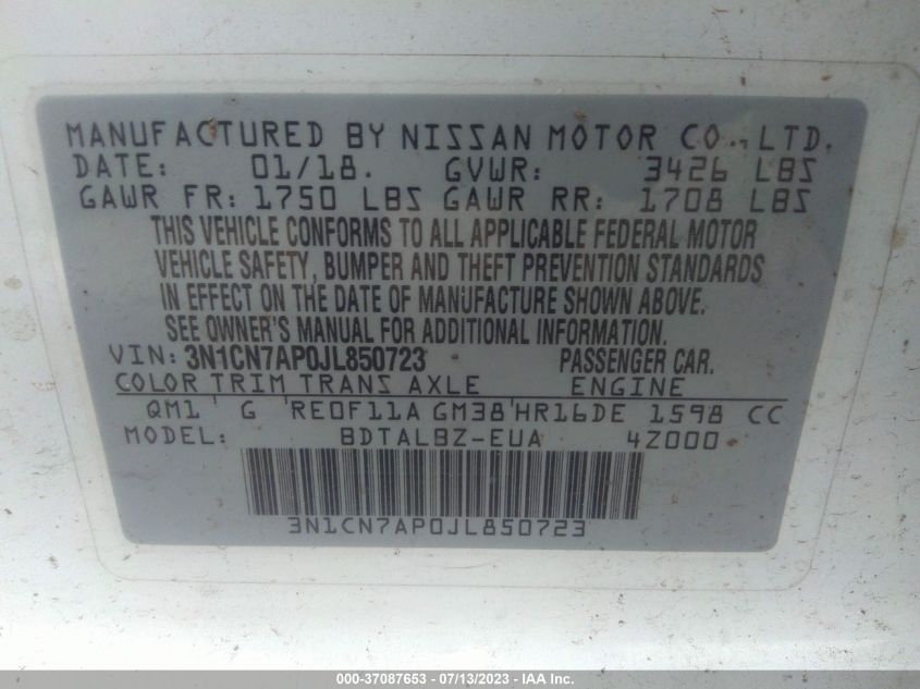 2018 NISSAN VERSA SEDAN SV - 3N1CN7AP0JL850723