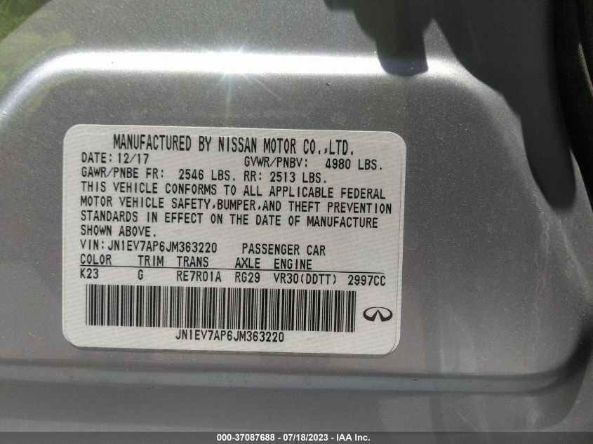 2018 INFINITI Q50 3.0T LUXE - JN1EV7AP6JM363220