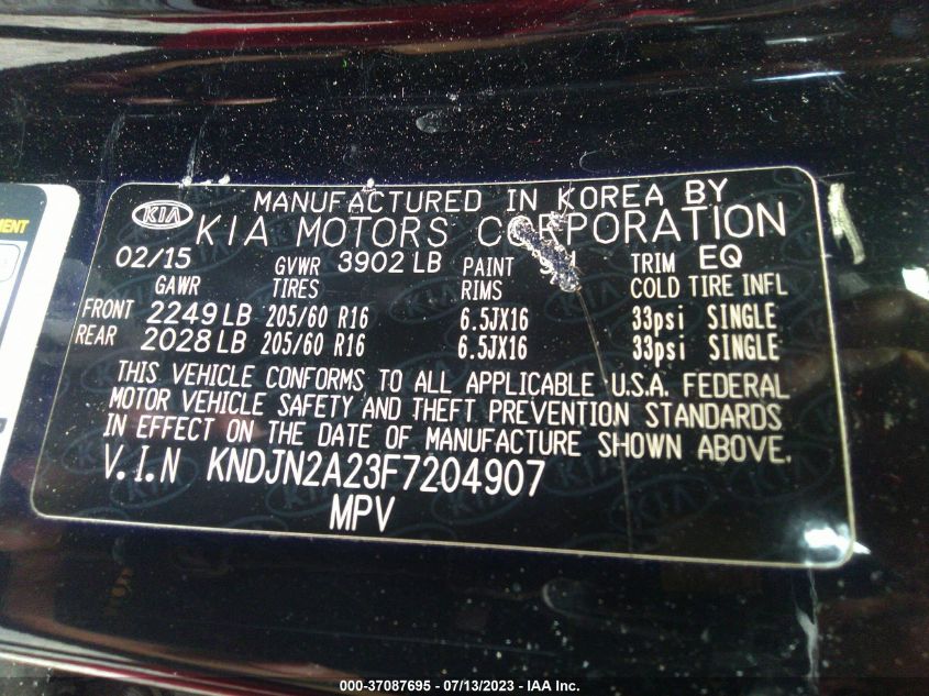 2015 KIA SOUL BASE - KNDJN2A23F7204907