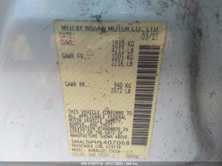 2015 NISSAN ALTIMA 2.5 S - 1N4AL3AP4FN407068