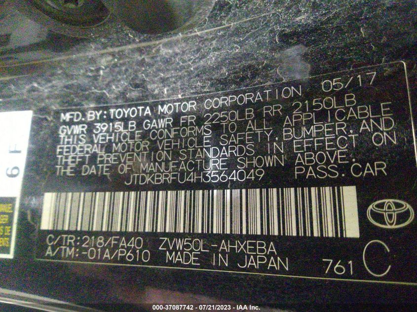 2017 TOYOTA PRIUS TWO/TWO ECO/THREE - JTDKBRFU4H3564049