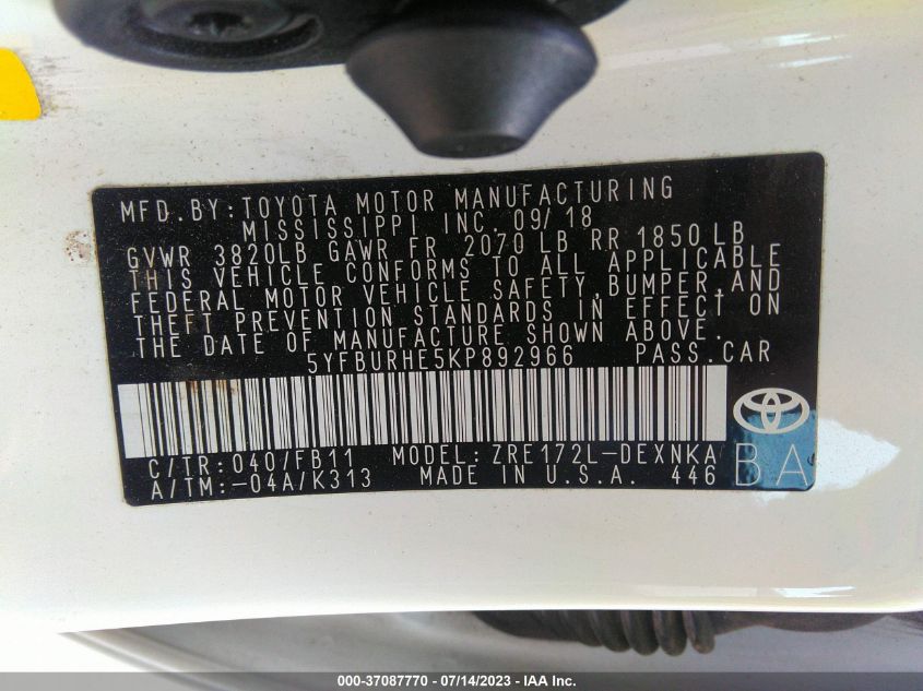 2019 TOYOTA COROLLA L/LE/XLE/SE/XSE - 5YFBURHE5KP892966