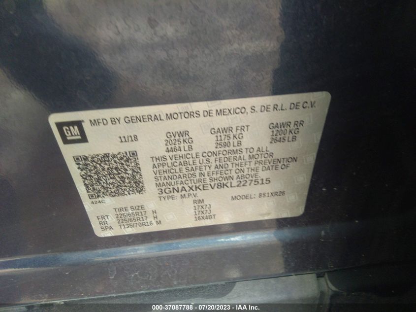 2019 CHEVROLET EQUINOX LT - 3GNAXKEV8KL227515
