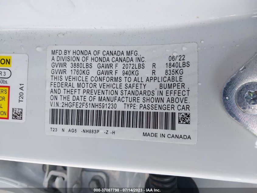 2022 HONDA CIVIC SEDAN SPORT - 2HGFE2F51NH591230