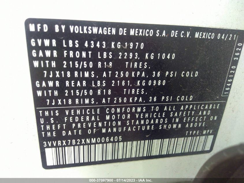 2022 VOLKSWAGEN TAOS SE - 3VVRX7B2XNM006405