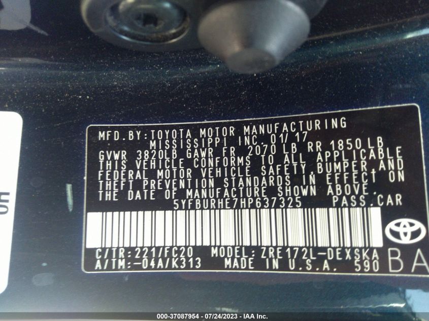 2017 TOYOTA COROLLA L/LE/XLE/SE - 5YFBURHE7HP637325