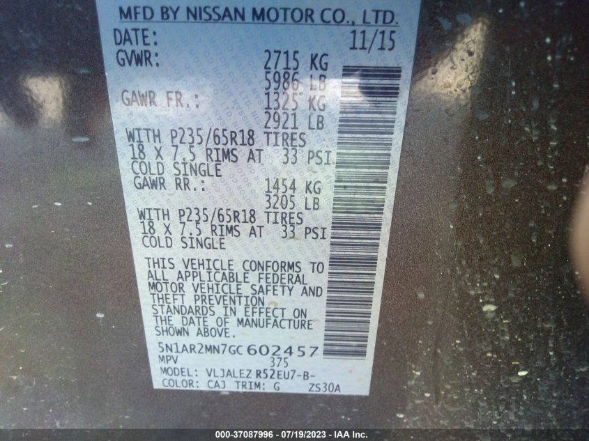 2016 NISSAN PATHFINDER SV - 5N1AR2MN7GC602457