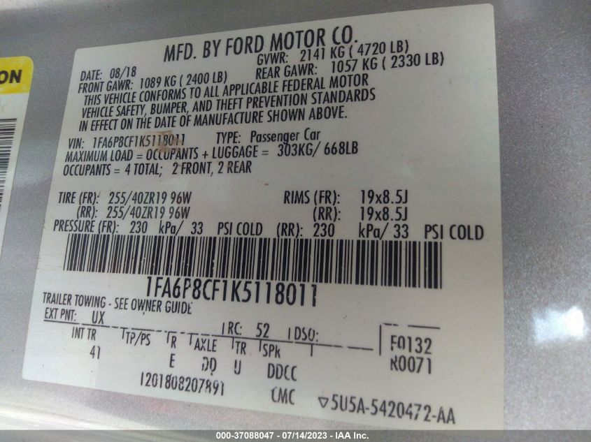 2019 FORD MUSTANG GT - 1FA6P8CF1K5118011