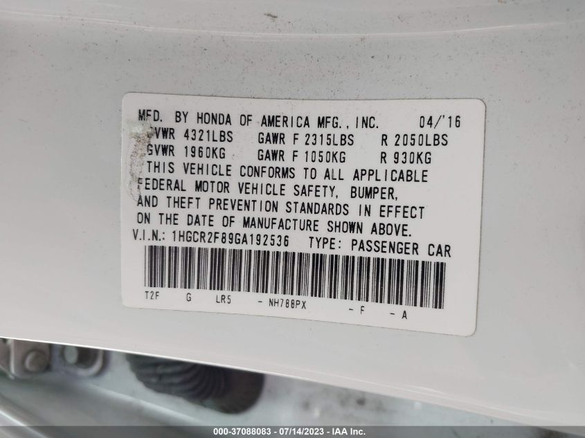 2016 HONDA ACCORD SEDAN EX-L - 1HGCR2F89GA192536