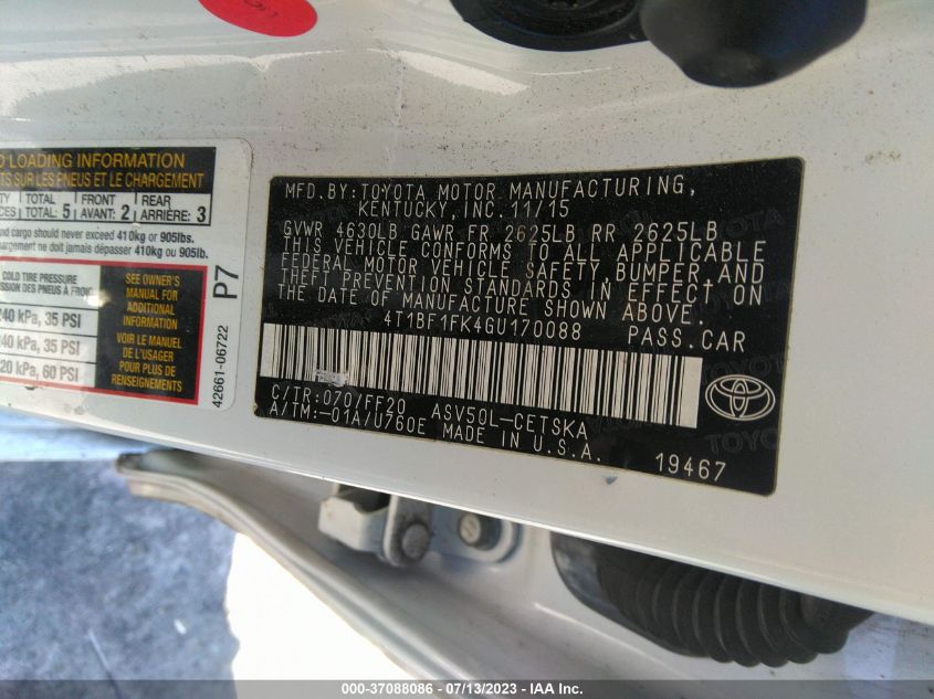 2016 TOYOTA CAMRY XLE/SE/LE/XSE - 4T1BF1FK4GU170088