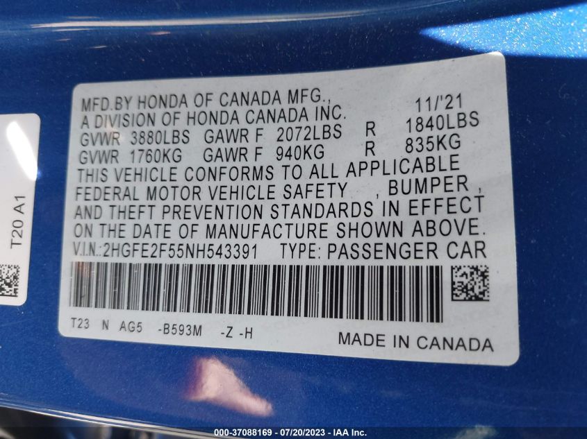 2022 HONDA CIVIC SEDAN SPORT - 2HGFE2F55NH543391