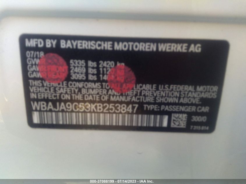 2019 BMW 5 SERIES 530E IPERFORMANCE - WBAJA9C53KB253847