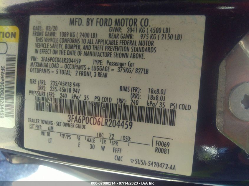 3FA6P0CD6LR204459 Ford Fusion SEL 9