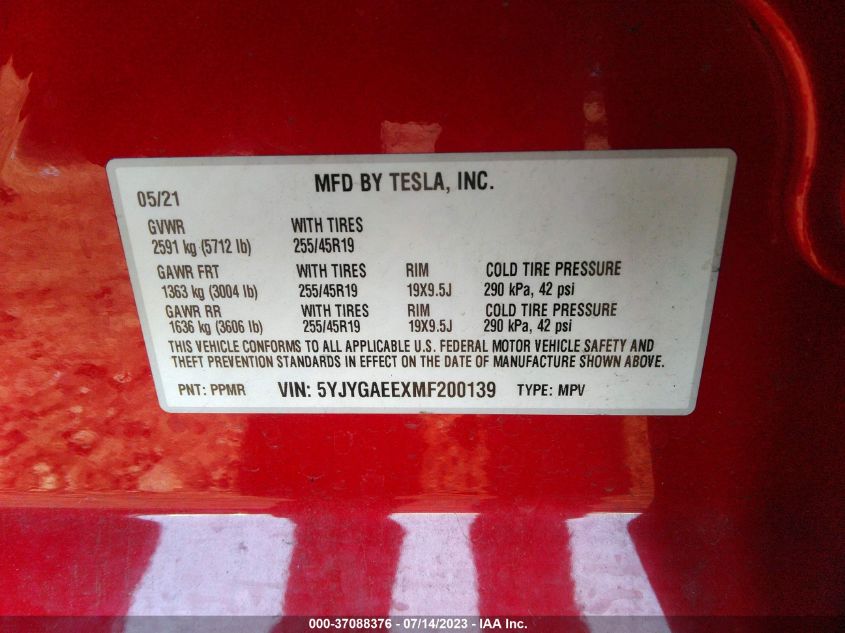 2021 TESLA MODEL Y LONG RANGE - 5YJYGAEEXMF200139