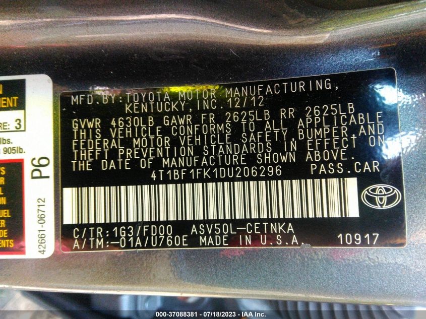 2013 TOYOTA CAMRY L/LE/SE/XLE - 4T1BF1FK1DU206296